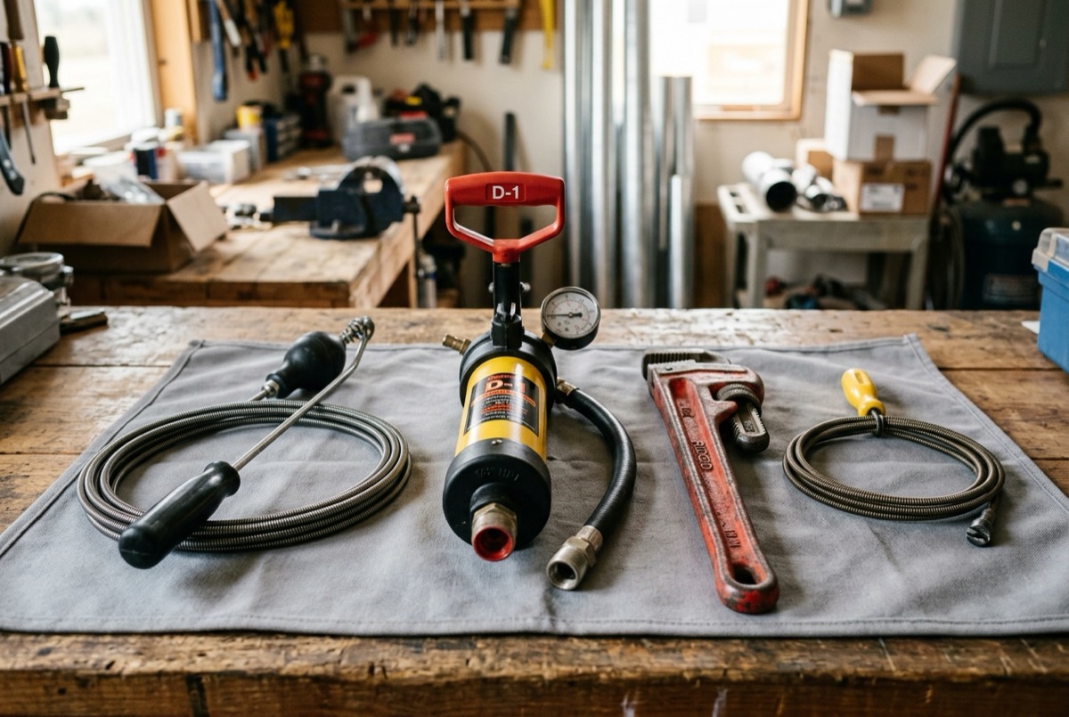 Kinetic water ram pump, manual closet auger and pipe wrench on work bench