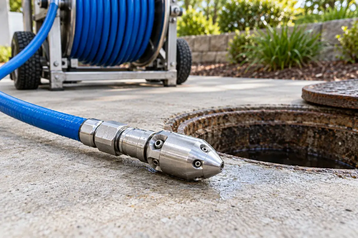 Commercial hydro jetting nozzle and hose at sewer cleanout