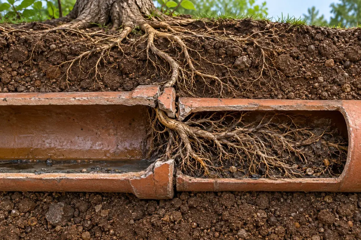 Cross section cutaway of aggressive roots inside sewer pipe