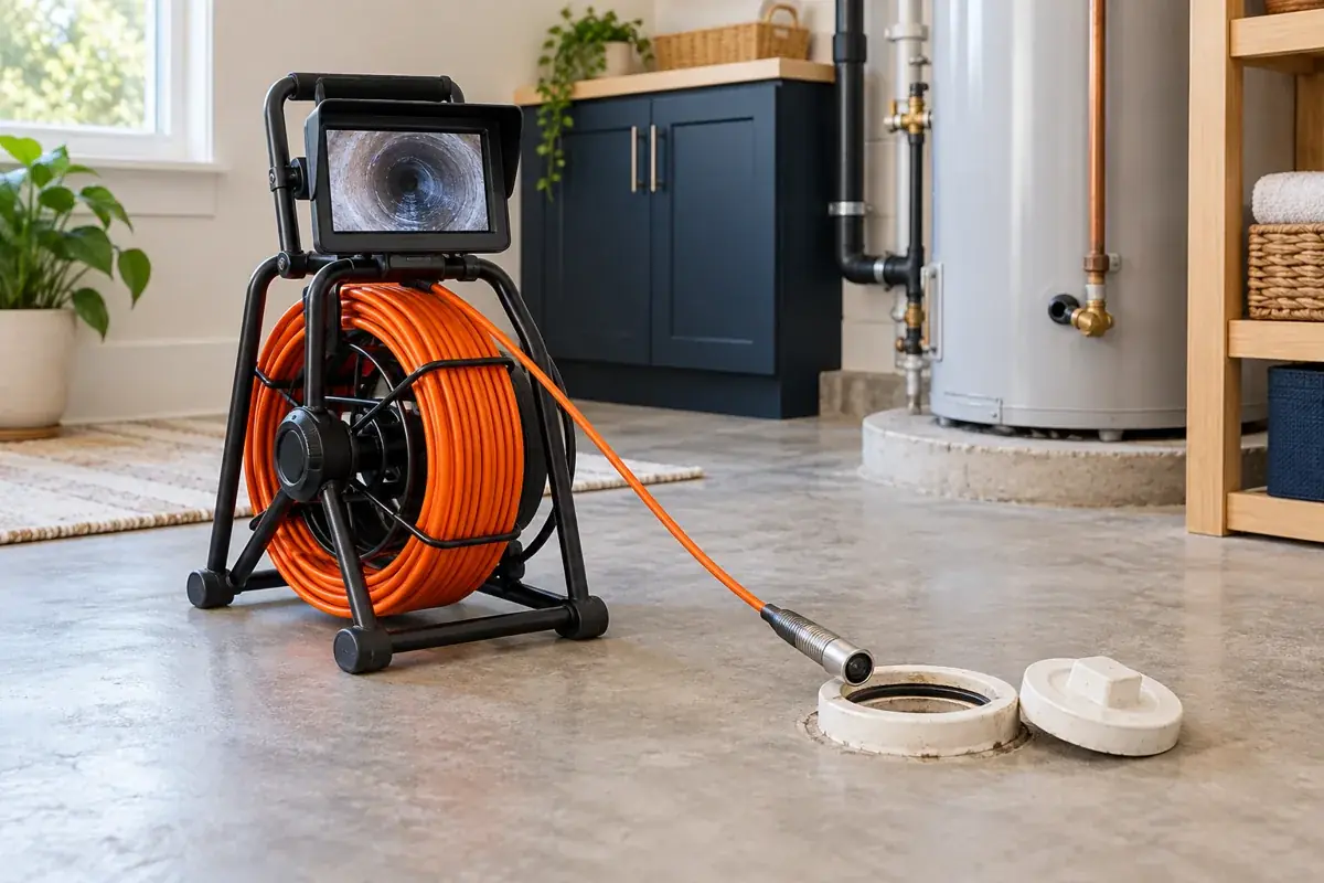 HD sewer inspection camera reel and monitor in utility room