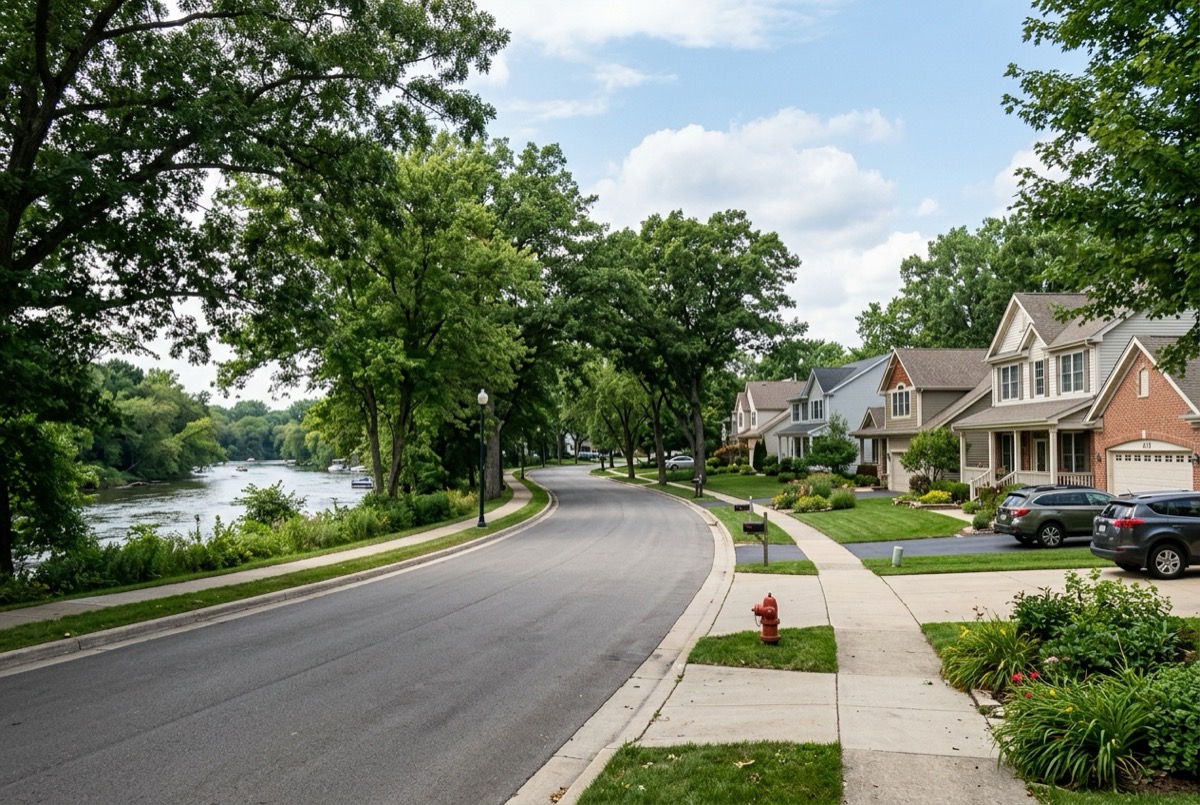 Residential neighborhood street in South Elgin along the Fox River