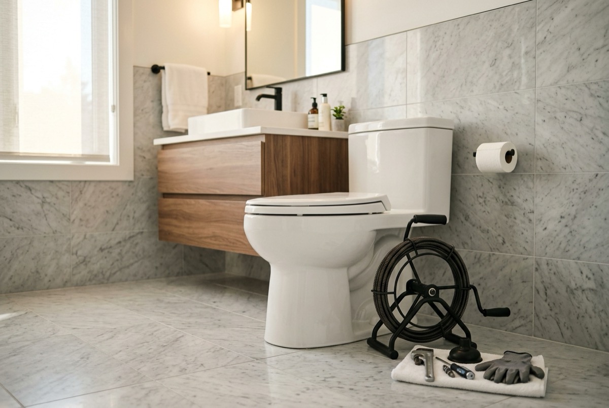 Toilet auger tool beside a clean bathroom porcelain toilet in Elgin